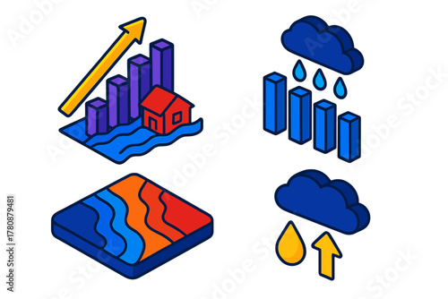 Climate Anomaly Indicators. Isometric vector illustration set Climate Anomaly Indicators: Rising flood frequency chart, extreme