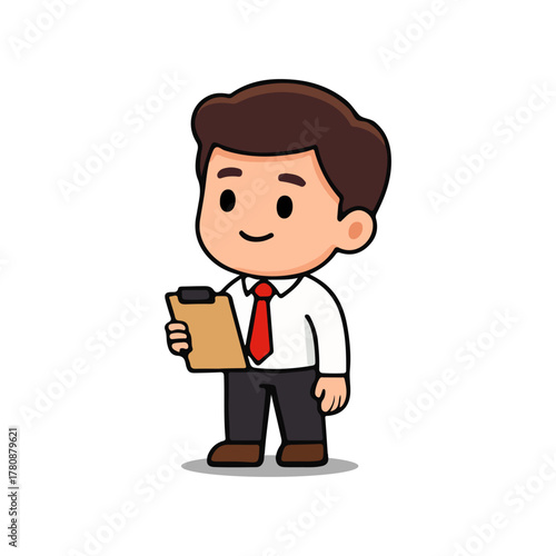 Cute office worker cartoon character holding clipboard in chibi style. Businessman with red tie checking report illustration in kawaii design. 