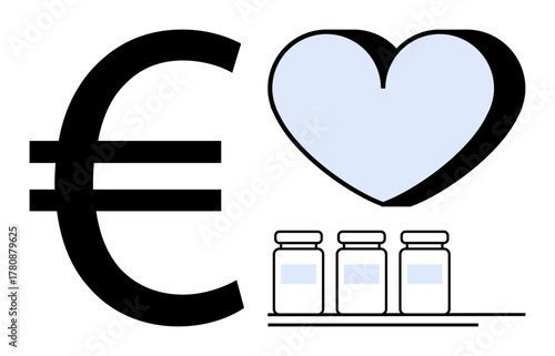 Euro symbol, heart, and three medicine bottles together suggest health funding, medical care, or pharmaceutical investment. Ideal for finance, healthcare, well-being, sustainability philanthropy