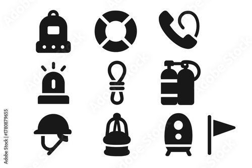 Safety Equipment Icons. Solid style icons of Safety and support: diving bell, life buoy, communication line, pressure gauge,