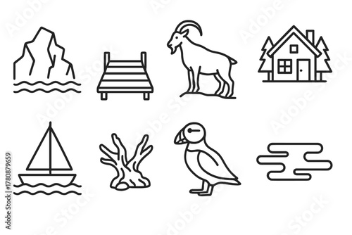 Nordic Fjord Icons. Line style icons of Nordic Fjord: Glacier, Wooden Pier, Mountain Goat, Cabin, Sailing Boat, Driftwood, Puffin,
