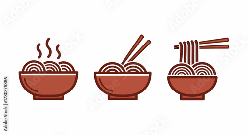 Minimalist vector icon set of three brown noodle bowls, depicting steaming hot ramen, chopsticks resting ready to eat, and noodles being lifted, isolated on a white background for food menu design