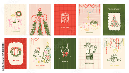Set of whimsical Christmas card. Coquette whimsy bow frame card with Christmas tree, cat, dinner table, wreath and cute dog. Ribbon garland border greeting card design