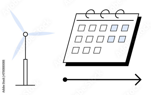 Wind turbine beside a spiral calendar, connected by an arrow symbolizing progress. Ideal for sustainable energy, eco-friendly planning, long-term goals, clean technology, green innovation, renewable