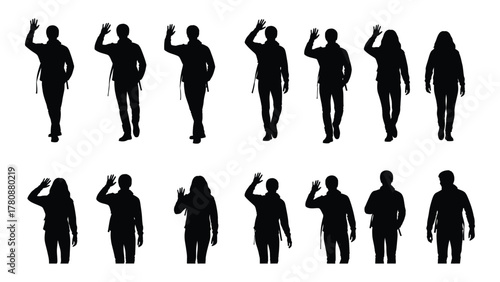 Collection of waving and walking people silhouettes isolated on transparent background, Vector