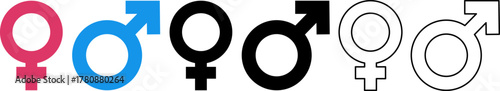 A set of male and female gender symbols in multiple styles, including pink, blue, black, and outline icons, representing sexual identity, equality, and demographic concepts