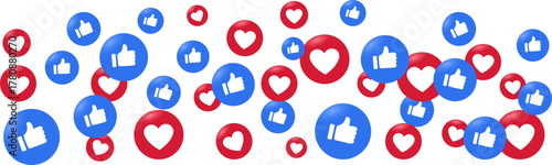 A burst of vibrant reactions on social media, with a cascade of blue Likes and red hearts; a digital marketing concept, online interaction and comments