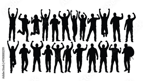 Energetic cheering people silhouettes isolated on transparent background, Vector