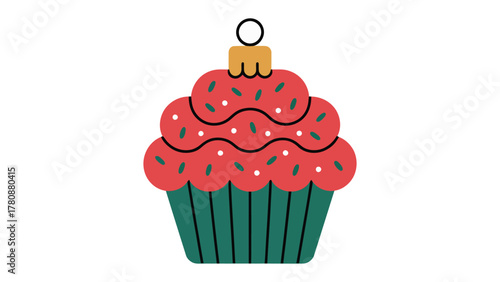 Festive Cupcake: A delightful holiday-themed cupcake, frosted with vibrant red icing and sprinkled with colorful accents, embodies the spirit of the season with charm and sweetness.