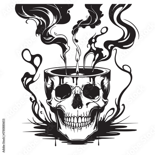 Dark and mysterious illustration of a skull with smoke rising from its empty eye sockets and mouth