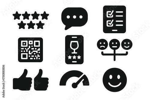Consumer Feedback Tools. Solid style icons of consumer feedback tools: star rating, comment bubble, digital survey form. QR
