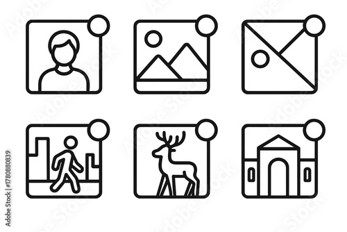 NFT Photo Icons. Line style icons of photo categories in NFTs: portrait NFT, landscape photo token, abstract image asset, street