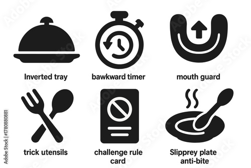 Challenge Gear Icons. Solid style icons of challenge gear and props: inverted tray, backward timer, mouth guard with arrow. Trick