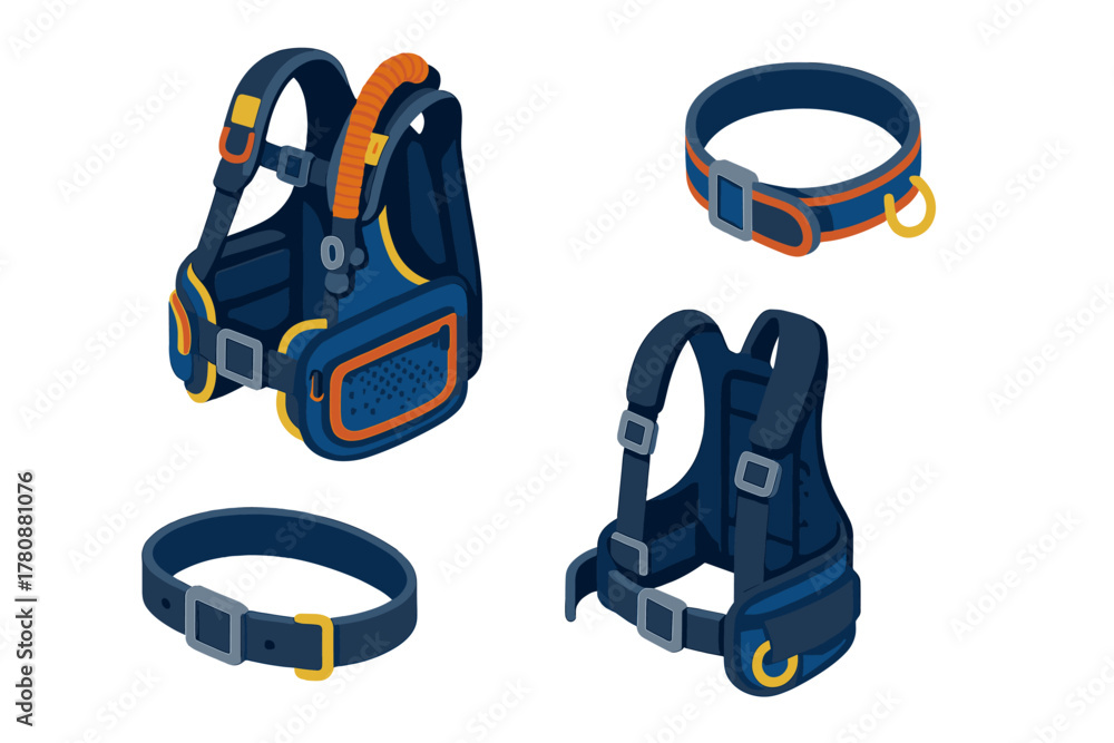 Naklejka premium Underwater Diving Equipment. Isometric vector illustration set Underwater diving gear – dive backpack, cam-strap, gear loops; tank