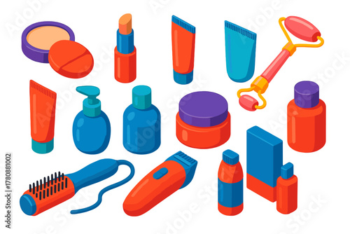 Vivid Beauty Icons. Isometric vector illustration set Makeup, Skincare, and Grooming: face powder puff, concealer stick, cream