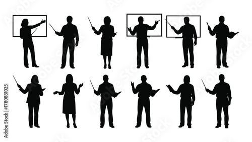 Teacher and presenter silhouettes collection isolated on transparent background, Vector