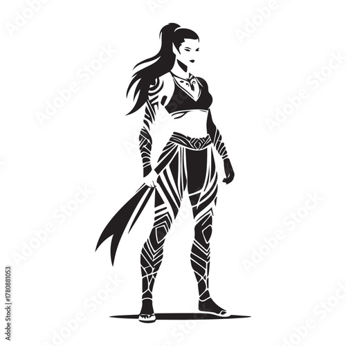 Dynamic illustration of a fierce warrior woman with intricate armor and a high ponytail standing confidently in a stylized black and white design