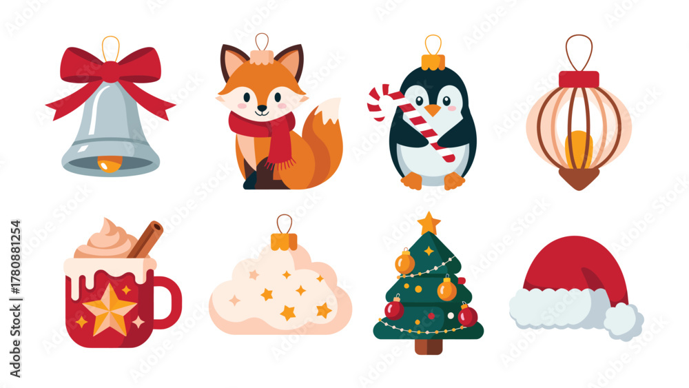 Naklejka premium Festive Holiday Ornaments: A charming array of whimsical ornaments, each embodying the spirit of celebration and joy with festive bells, a cute fox with a scarf, a penguin holding a candy cane.