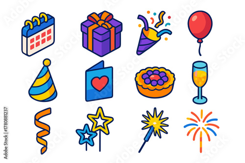 Vibrant Celebration Icons. Isometric vector illustration set Celebration and Events: calendar, gift box, confetti, balloon, party