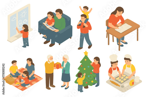 Family Moments Collection. Isometric vector illustration set of Family: child drawing on window, family looking at photo album,