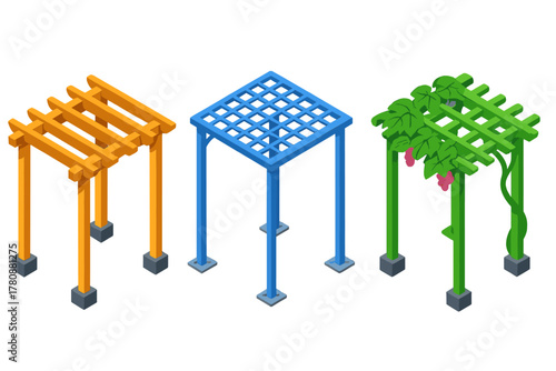 Vibrant Pergola Designs. Isometric vector illustration set Pergolas – timber pergola, metal trellis, vine shade; beam rafters,