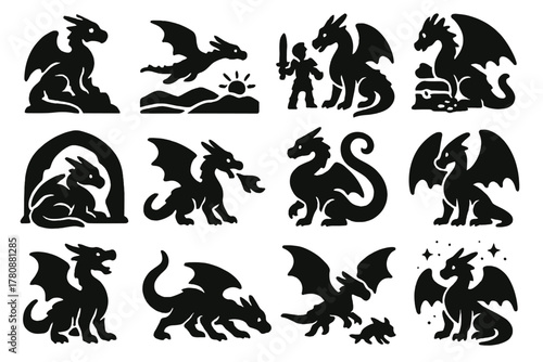 Iconic Fantasy Dragon. Solid style icons of Fantasy life: dragon perched, flying over landscape, interacting with knight, guarding