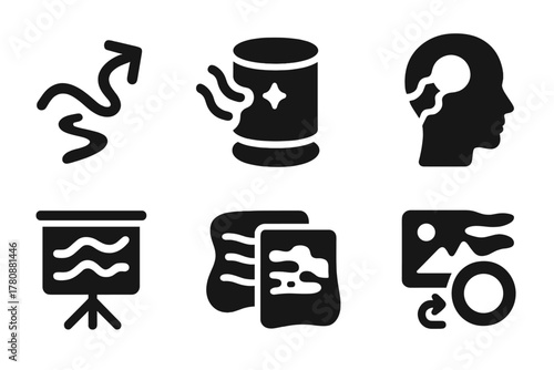 Reality Distortion Icons. Solid style icons of reality distortion devices: truth bend glyph, illusion generator icon, hologram