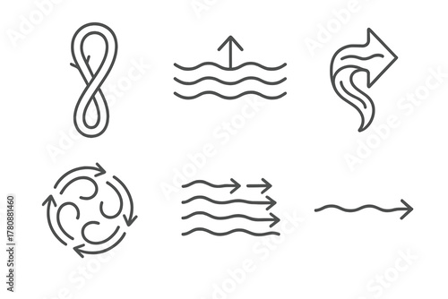 Ocean Currents Icons. Line style icons of ocean currents and circulation: global conveyor belt diagram, upwelling zone symbol,