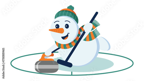 Snowman Curling: A cheerful snowman, adorned in winter attire, enthusiastically engaged in a game of curling, embodying the spirit of winter fun.