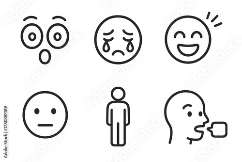 Line Style Reactions. Line style icons of common reactions and expressions: wide-eyed wonder, deep tears, laughter burst, quiet
