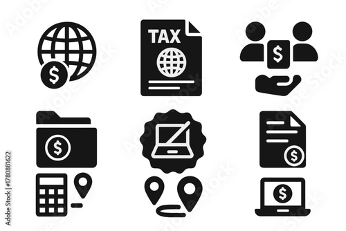 Nomad Tax Icons. Solid style icons of tax rules for nomads: global tax symbol, income report with globe, dual-tax agreement icon.