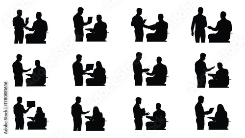Professional interactions with devices silhouettes isolated on transparent background, Vector