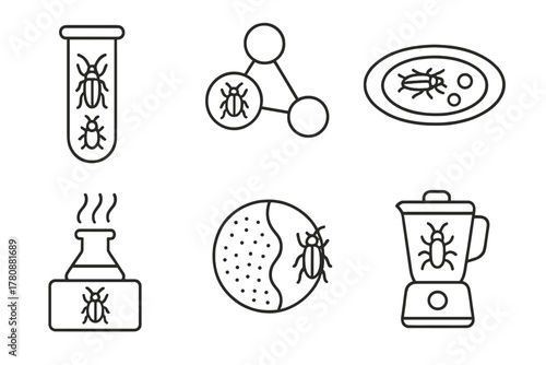 Bug Culinary Science Icons. Line style icons of bug kitchen experiments: test tube with insects, flavor pairing chart, molecular