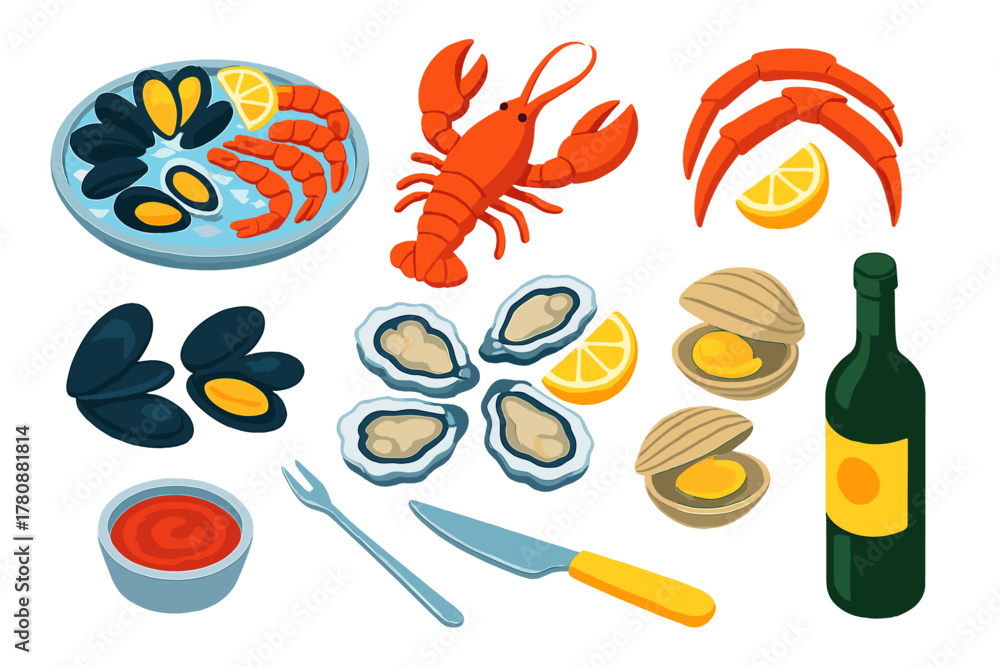 Naklejka premium Seafood Feast Icons. Isometric vector illustration set cooking themes: seafood platter, lobster, crab legs, mussels, oysters,