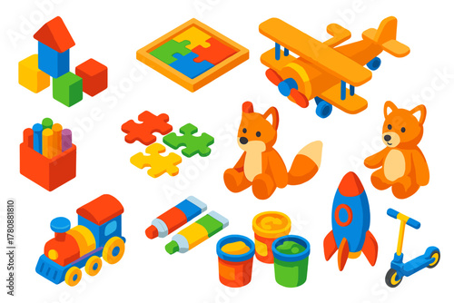 Creative Kids Toys. Isometric vector illustration set Creative Kids and Play: building blocks, wooden puzzle, paint set, toy