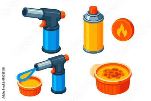 Baking Torch Tools. Isometric vector illustration set Baking tools – kitchen torch, butane canister, flame adjust knob; torch head