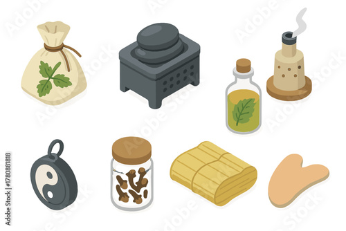 Traditional Medicine Elements. Isometric vector illustration set of Traditional medicine: sacred herb sachet, hot stone heater,
