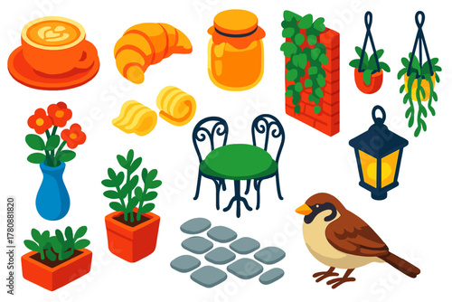 Cafe Garden Icons. Isometric vector illustration set featuring food and nature: cappuccino cup, croissant, honey jar, butter curls