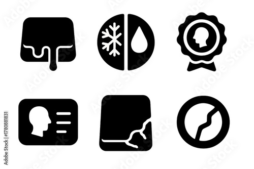 Icons of Transience. Solid style icons of preservation vs impermanence: half-melt slab, split icon with frost and water, carved