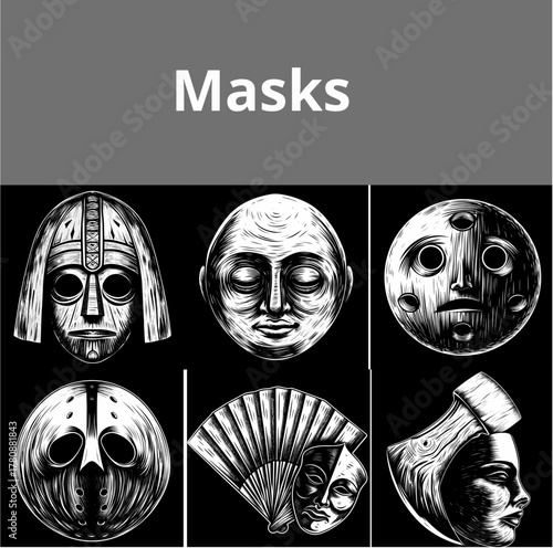 Collection of artistic masks in black and white illustration  