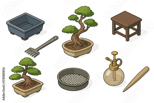 Bonsai Gardening Set. Isometric vector illustration set of Bonsai gardening: blue glazed pot, slant-style bonsai, root comb tool.