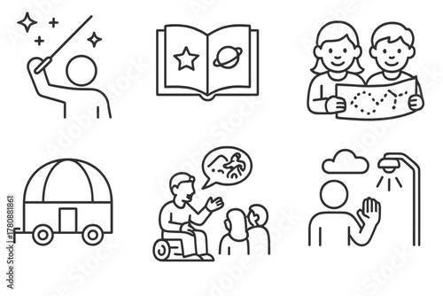 Educational Sky Tour Icons. Line style icons of educational dark sky tours: astronomy guide with laser, star knowledge book, kids