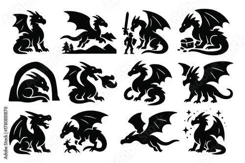 Iconic Fantasy Dragon. Solid style icons of Fantasy life: dragon perched, flying over landscape, interacting with knight, guarding