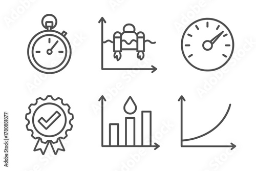 Jetpack Performance Icons. Line style icons of jetpack performance metrics: flight duration meter, hover stability chart, takeoff