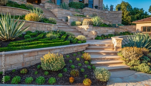 Expansive tiered landscaping features stone retaining walls and diverse xeriscaping plants