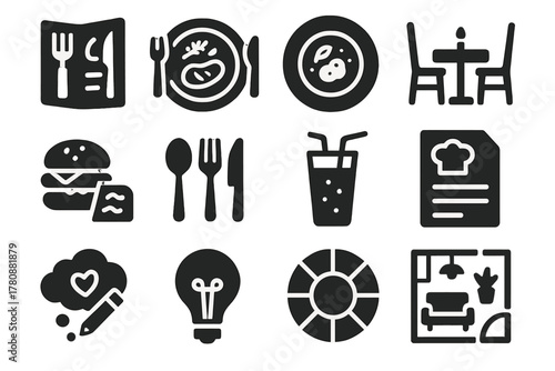 Restaurant Icon Inspirations. Solid style icons of Restaurant inspiration: menu sketch, dish drawing, plating idea, table layout,
