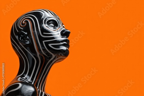 Artistic Sculpture of a Human Head with Intricate White Line Patterns on Glossy Black Surface Against Vibrant Orange BackgroundAbstract