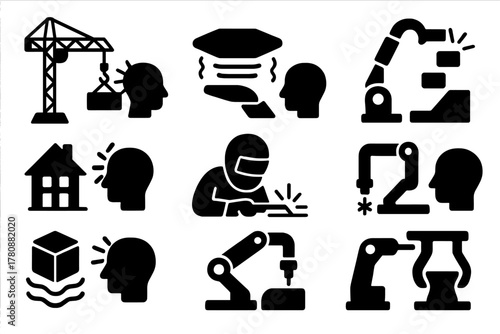 Psi-Tools Icon Set. Solid style icons of psi-induced construction tools: telekinetic cranes, levitation pads, build-with-mind