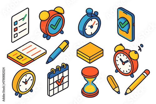 Productivity Tools Icons. Isometric vector illustration set productivity with checkmark and alarm: checked paper sheet, desk alarm