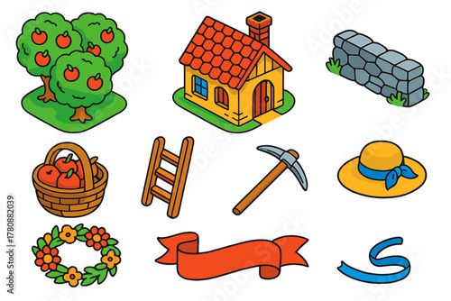 Classic Rustic Icons. Isometric vector illustration set Classic literature – orchard grove, rustic cottage, stone wall; basket of